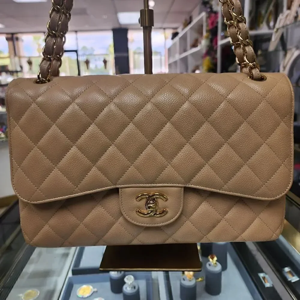 NWTS!AUTHENTIC Chanel Double Flap Beige Caviar Quilted Gold Purse/Shoulder Bag